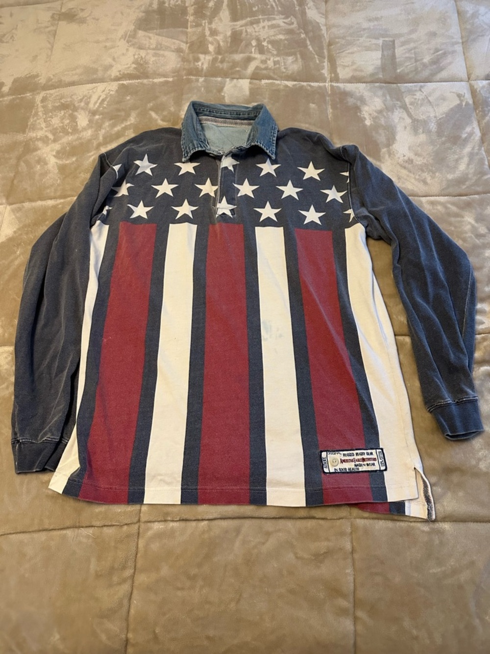 American Eagle L Polo Rugby Long Sleeve American Flag Stars & Striped Collard